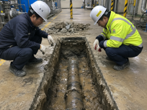 GPR 분석 위치 굴착 후 확인된 공장 지하매설배관 누수부 — FD LEAKTECH FORENSIS™ 정밀감정