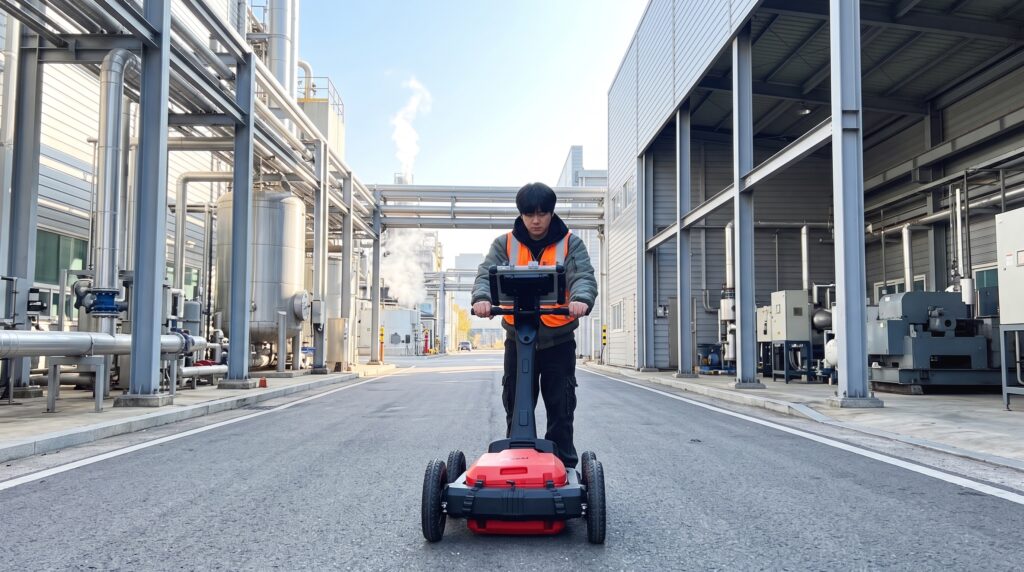 공장 실외 아스팔트 바닥 매설 상수도배관 GPR 누수탐지 현장 — FD LEAKTECH
