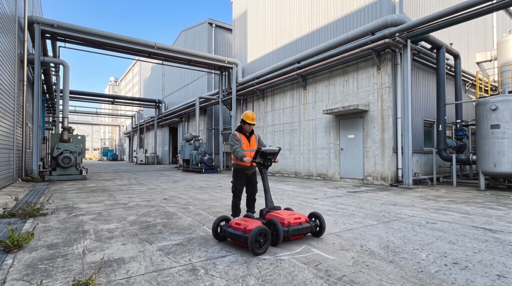 공장 실외 콘크리트 바닥 GPR 카트 장비 매설 상수도배관 누수탐지 — FD LEAKTECH FORENSIS™