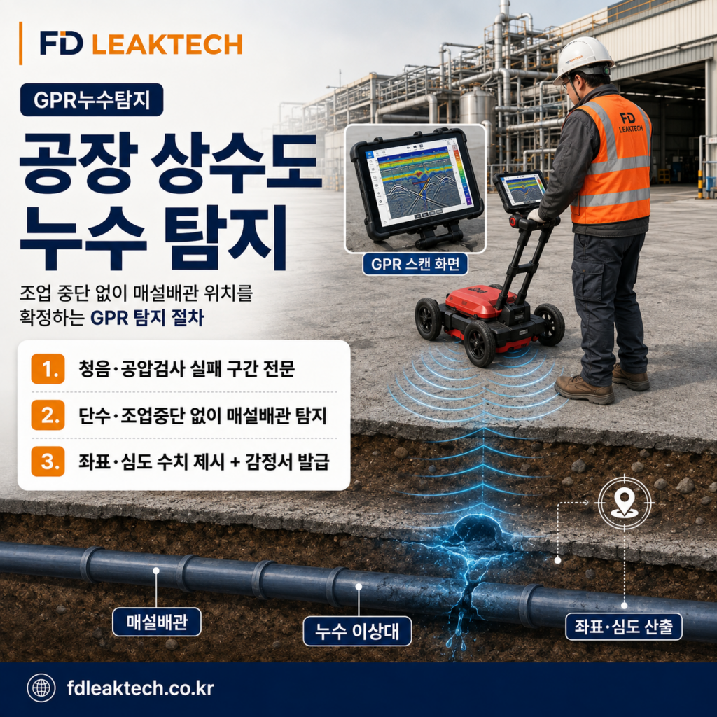 공장 상수도 누수 탐지 — 조업 중단 없이 매설배관 위치를 확정하는 GPR 탐지 절차 안내